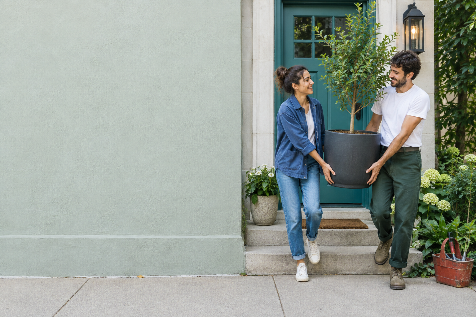 Two neighbors carrying a potted tree outside a Chicago home